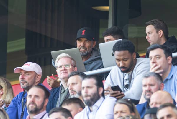  Liverpool's manager Jürgen Klopp, watching from the stands as he serves a one-match ban, during the FA Premier League match between Liverpool FC and Aston Villa FC at Anfield. (Pic by David Rawcliffe/Propaganda)