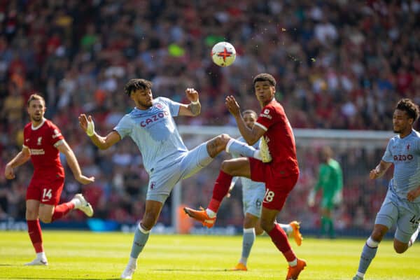 LIVERPOOL, ENGLAND - Saturday, May 20, 2023: Liverpool's Cody Gakpo is kicked in the chest by Aston Villa's Tyrone Mings, but no red card was awarded, during the FA Premier League match between Liverpool FC and Aston Villa FC at Anfield. (Pic by David Rawcliffe/Propaganda)