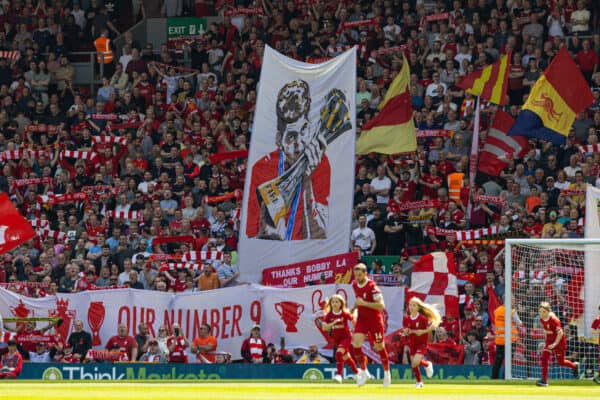 LIVERPOOL, ENGLAND - Saturday, May 20, 2023: Liverpool supporters' banner for Roberto Firmino on the Spion Kop before the FA Premier League match between Liverpool FC and Aston Villa FC at Anfield. (Pic by David Rawcliffe/Propaganda)