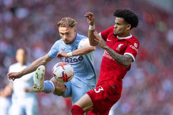 LIVERPOOL, ENGLAND - Saturday, May 20, 2023: Liverpool's Luis Díaz (R) is challenged by Aston Villa's Matty Cash during the FA Premier League match between Liverpool FC and Aston Villa FC at Anfield. (Pic by David Rawcliffe/Propaganda)