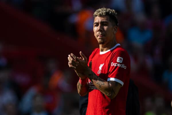 LIVERPOOL, ENGLAND - Saturday, May 20, 2023: Liverpool's Roberto Firmino says an emotional goodbye to the supporters after the FA Premier League match between Liverpool FC and Aston Villa FC at Anfield. (Pic by David Rawcliffe/Propaganda)