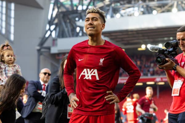 LIVERPOOL, ENGLAND - Saturday, May 20, 2023: Liverpool's Roberto Firmino says an emotional goodbye to the supporters after the FA Premier League match between Liverpool FC and Aston Villa FC at Anfield. (Pic by David Rawcliffe/Propaganda)