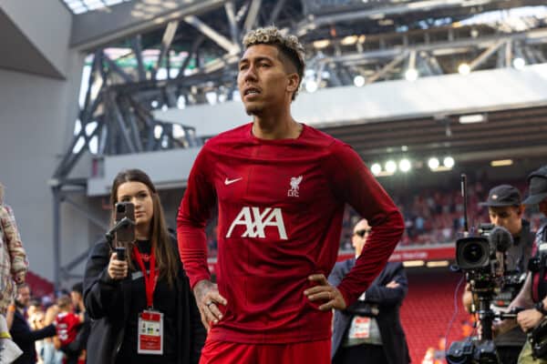 LIVERPOOL, ENGLAND - Saturday, May 20, 2023: Liverpool's Roberto Firmino says an emotional goodbye to the supporters after the FA Premier League match between Liverpool FC and Aston Villa FC at Anfield. (Pic by David Rawcliffe/Propaganda)