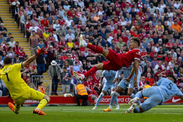 LIVERPOOL, ENGLAND - Saturday, May 20, 2023: Liverpool's Roberto Firmino scores the equalising goal during the FA Premier League match between Liverpool FC and Aston Villa FC at Anfield. (Pic by David Rawcliffe/Propaganda)