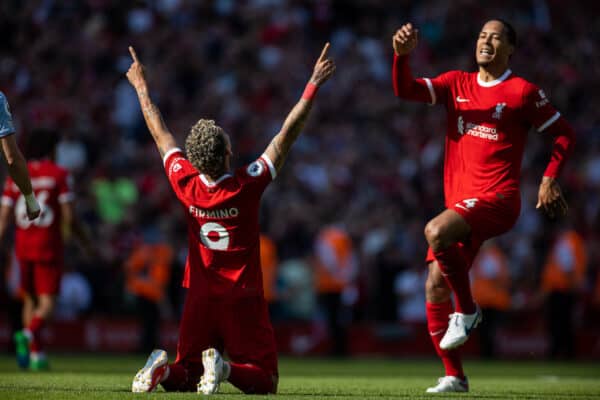 LIVERPOOL, ENGLAND - Saturday, May 20, 2023: Liverpool's Roberto Firmino celebrates after scoring the equalising goal during the FA Premier League match between Liverpool FC and Aston Villa FC at Anfield. (Pic by David Rawcliffe/Propaganda)