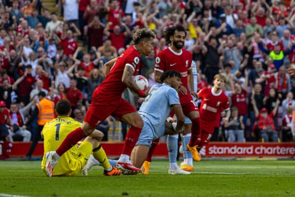 LIVERPOOL, ENGLAND - Saturday, May 20, 2023: Liverpool's Roberto Firmino celebrates after scoring the equalising goal during the FA Premier League match between Liverpool FC and Aston Villa FC at Anfield. (Pic by David Rawcliffe/Propaganda)