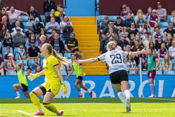 BIRMINGHAM, ENGLAND - Sunday, May 21, 2023: Liverpool's Natasha Dowie celebrates after scoring the second goal during the FA Women’s Super League game between Aston Villa FC Women and Liverpool FC Women at Villa Park. (Pic by David Rawcliffe/Propaganda)