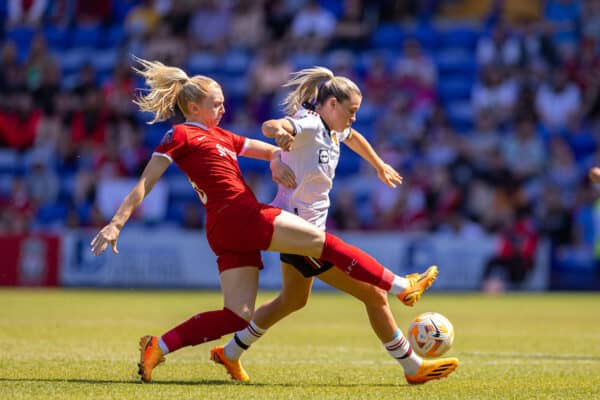 BIRKENHEAD, ENGLAND - Saturday, May 27, 2023: Manchester United's Alessia Russo (R) is challenged by Liverpool's Ceri Holland during the FA Women’s Super League game between Liverpool FC Women and Manchester United FC Women at Prenton Park. (Pic by David Rawcliffe/Propaganda)