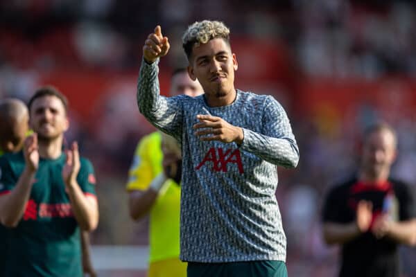 SOUTHAMPTON, ENGLAND - Sunday, May 28, 2023: Liverpool's Roberto Firmino waves to the travelling supporters after playing his final game for the club during the FA Premier League match between Southampton FC and Liverpool FC at St Mary's Stadium. The game ended in a 4-4 draw. (Pic by David Rawcliffe/Propaganda)