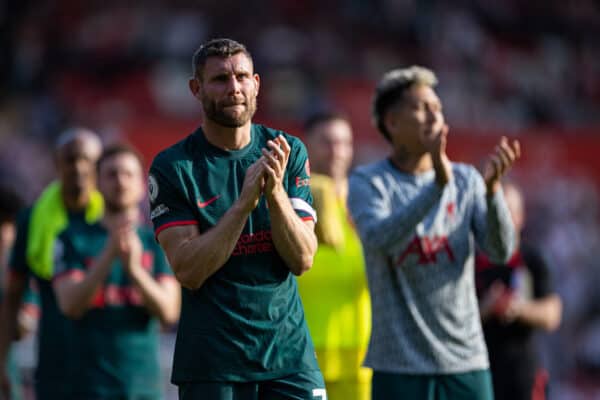 SOUTHAMPTON, ENGLAND - Sunday, May 28, 2023: Liverpool's James Milner applauds the travelling supporters after playing his final game for the club during the FA Premier League match between Southampton FC and Liverpool FC at St Mary's Stadium. The game ended in a 4-4 draw. (Pic by David Rawcliffe/Propaganda)