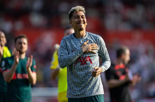 SOUTHAMPTON, ENGLAND - Sunday, May 28, 2023: Liverpool's Roberto Firmino waves to the travelling supporters after playing his final game for the club during the FA Premier League match between Southampton FC and Liverpool FC at St Mary's Stadium. The game ended in a 4-4 draw. (Pic by David Rawcliffe/Propaganda)