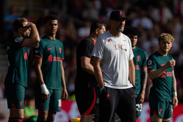 SOUTHAMPTON, ENGLAND - Sunday, May 28, 2023: Liverpool's manager Jürgen Klopp prepares to make four substitutes during the FA Premier League match between Southampton FC and Liverpool FC at St Mary's Stadium. (Pic by David Rawcliffe/Propaganda)