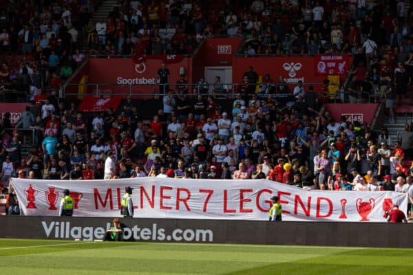 SOUTHAMPTON, ENGLAND - Sunday, May 28, 2023: Liverpool supporters' tribute to James Milner during the FA Premier League match between Southampton FC and Liverpool FC at St Mary's Stadium. (Pic by David Rawcliffe/Propaganda)