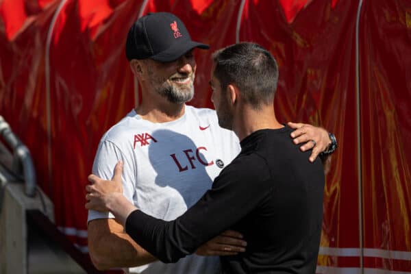 SOUTHAMPTON, ENGLAND - Sunday, May 28, 2023: Liverpool's manager Jürgen Klopp (L) greets Southampton's manager Rubén Sellés before the FA Premier League match between Southampton FC and Liverpool FC at St Mary's Stadium. (Pic by David Rawcliffe/Propaganda)