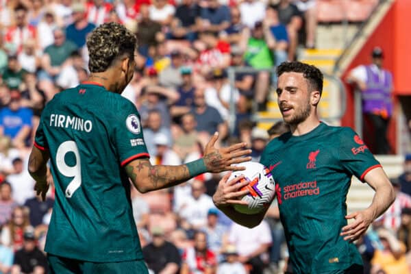 SOUTHAMPTON, ENGLAND - Sunday, May 28, 2023: Liverpool's Diogo Jota (R) celebrates after scoring the opening goal during the FA Premier League match between Southampton FC and Liverpool FC at St Mary's Stadium. (Pic by David Rawcliffe/Propaganda)