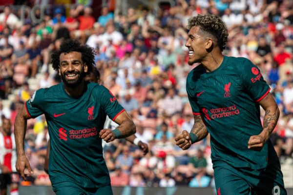 SOUTHAMPTON, ENGLAND - Sunday, May 28, 2023: Liverpool's Roberto Firmino (R) celebrates after scoring the second goal during the FA Premier League match between Southampton FC and Liverpool FC at St Mary's Stadium. (Pic by David Rawcliffe/Propaganda)