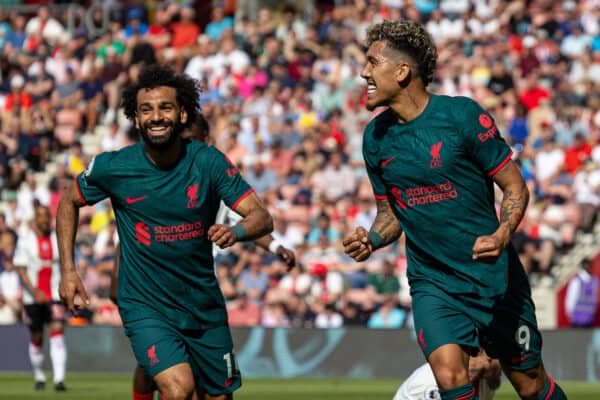 SOUTHAMPTON, ENGLAND - Sunday, May 28, 2023: Liverpool's Roberto Firmino (R) celebrates after scoring the second goal during the FA Premier League match between Southampton FC and Liverpool FC at St Mary's Stadium. (Pic by David Rawcliffe/Propaganda)