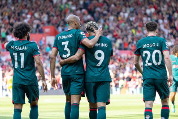 SOUTHAMPTON, ENGLAND - Sunday, May 28, 2023: Liverpool's Roberto Firmino (9) celebrates after scoring the second goal during the FA Premier League match between Southampton FC and Liverpool FC at St Mary's Stadium. (Pic by David Rawcliffe/Propaganda)