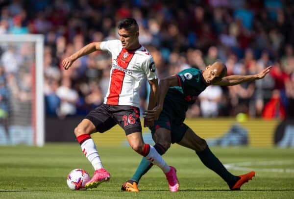 SOUTHAMPTON, ENGLAND - Sunday, May 28, 2023: Southampton's Carlos Alcaraz (L) is challenged by Liverpool's Fabio Henrique Tavares 'Fabinho' during the FA Premier League match between Southampton FC and Liverpool FC at St Mary's Stadium. (Pic by David Rawcliffe/Propaganda)