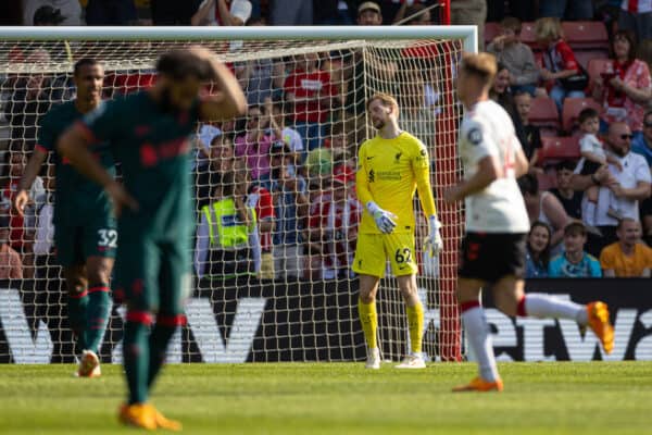 SOUTHAMPTON, ENGLAND - Sunday, May 28, 2023: Liverpool's goalkeeper Caoimhin Kelleher looks dejected as Southampton score a third goal during the FA Premier League match between Southampton FC and Liverpool FC at St Mary's Stadium. (Pic by David Rawcliffe/Propaganda)