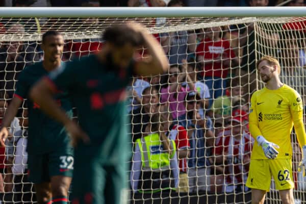 SOUTHAMPTON, ENGLAND - Sunday, May 28, 2023: Liverpool's goalkeeper Caoimhin Kelleher looks dejected as Southampton score a third goal during the FA Premier League match between Southampton FC and Liverpool FC at St Mary's Stadium. (Pic by David Rawcliffe/Propaganda)