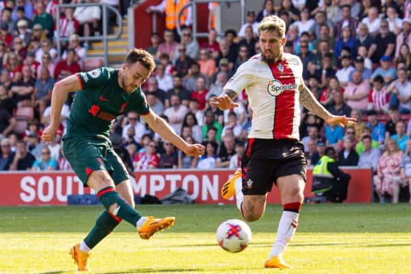 SOUTHAMPTON, ENGLAND - Sunday, May 28, 2023: Liverpool's Diogo Jota scores the fourth goal, to level the score at 4-4, during the FA Premier League match between Southampton FC and Liverpool FC at St Mary's Stadium. (Pic by David Rawcliffe/Propaganda)