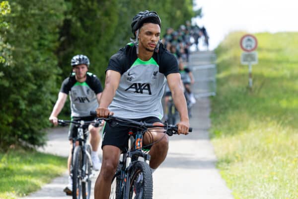 DONESCHINGEN, GERMANY - Monday, July 17, 2023: Liverpool's Trent Alexander-Arnold rides a bicyle to a training session during the club's pre-season training camp in Germany. (Pic by David Rawcliffe/Propaganda)