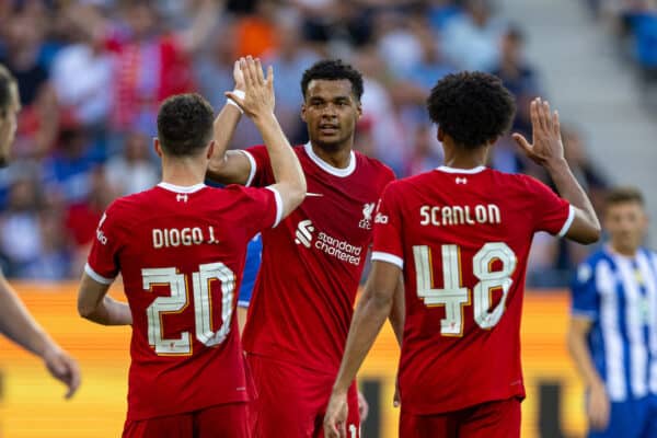 KARLSRUHER, GERMANY - Wednesday, July 19, 2023: Liverpool's Cody Gakpo celebrates after scoring his side's second goal during a pre-season friendly match between Karlsruher SC and Liverpool FC at the Wildparkstadion. (Pic by David Rawcliffe/Propaganda)