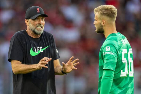 KARLSRUHER, GERMANY - Wednesday, July 19, 2023: Liverpool's manager Jürgen Klopp (L) speaks with goalkeeper Vitezslav Jaros after a pre-season friendly match between Karlsruher SC and Liverpool FC at the Wildparkstadion. (Pic by David Rawcliffe/Propaganda)