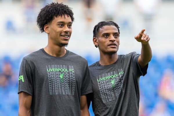 KARLSRUHER, GERMANY - Wednesday, July 19, 2023: Liverpool's Callum Scanlon (L) and Melkamu Frauendorf before a pre-season friendly match between Karlsruher SC and Liverpool FC at the Wildparkstadion. (Pic by David Rawcliffe/Propaganda)