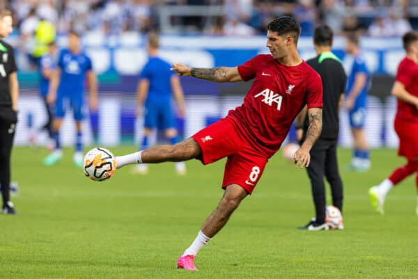 KARLSRUHER, GERMANY - Wednesday, July 19, 2023: Liverpool's Dominik Szoboszlai during the pre-match warm-up before a pre-season friendly match between Karlsruher SC and Liverpool FC at the Wildparkstadion. (Pic by David Rawcliffe/Propaganda)