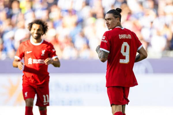 KARLSRUHER, GERMANY - Wednesday, July 19, 2023: Liverpool's Darwin Núñez celebrates after scoring the first goal during a pre-season friendly match between Karlsruher SC and Liverpool FC at the Wildparkstadion. (Pic by David Rawcliffe/Propaganda)