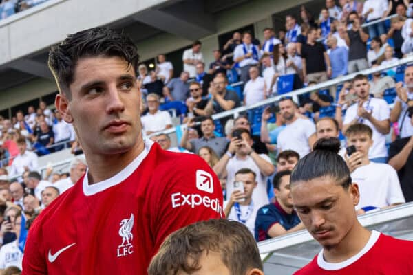 KARLSRUHER, GERMANY - Wednesday, July 19, 2023: Liverpool' Dominik Szoboszlai walks out to face Karlsruher during a pre-season friendly match between Karlsruher SC and Liverpool FC at the Wildparkstadion. (Pic by David Rawcliffe/Propaganda)