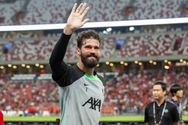 SINGAPORE - Saturday, July 29, 2023: Liverpool's goalkeeper Alisson Becker waves to supporters after a training session ahead of the pre-season friendly match between Liverpool FC and Leicester City FC at the Singapore National Stadium. (Pic by David Rawcliffe/Propaganda)