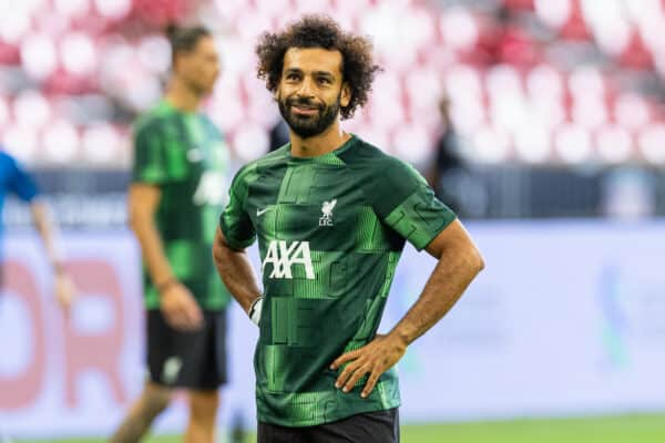 SINGAPORE - Sunday, July 30, 2023: Liverpool's Mohamed Salah during the pre-match warm-up before a pre-season friendly match between Liverpool FC and Leicester City FC at the Singapore National Stadium. (Pic by David Rawcliffe/Propaganda)