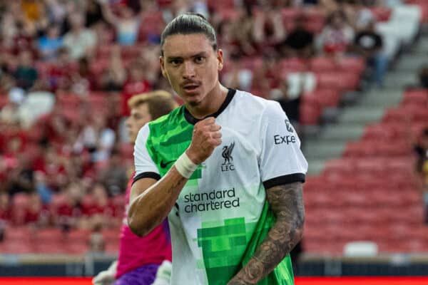 SINGAPORE - Sunday, July 30, 2023: Liverpool's Darwin Núñez celebrates after scoring the first goal during a pre-season friendly match between Liverpool FC and Leicester City FC at the Singapore National Stadium. (Pic by David Rawcliffe/Propaganda)