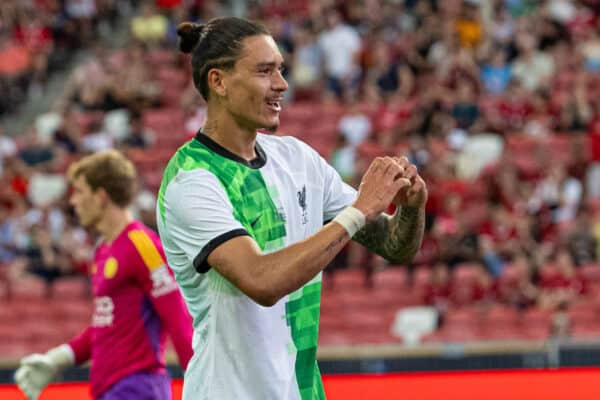 SINGAPORE - Sunday, July 30, 2023: Liverpool's Darwin Núñez celebrates after scoring the first goal during a pre-season friendly match between Liverpool FC and Leicester City FC at the Singapore National Stadium. (Pic by David Rawcliffe/Propaganda)