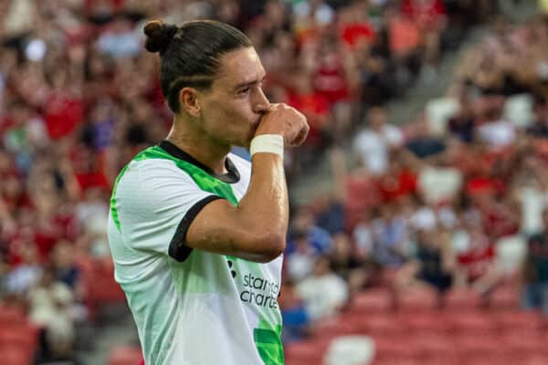 SINGAPORE - Sunday, July 30, 2023: Liverpool's Darwin Núñez celebrates after scoring the first goal during a pre-season friendly match between Liverpool FC and Leicester City FC at the Singapore National Stadium. (Pic by David Rawcliffe/Propaganda)