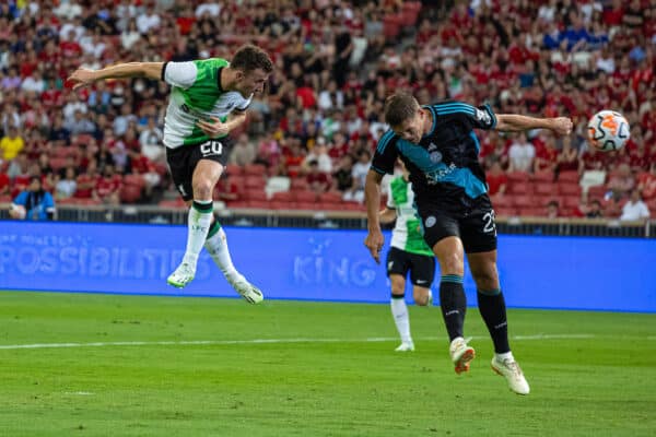 SINGAPORE - Sunday, July 30, 2023: Liverpool's Diogo Jota scores the third goal during a pre-season friendly match between Liverpool FC and Leicester City FC at the Singapore National Stadium. (Pic by David Rawcliffe/Propaganda)