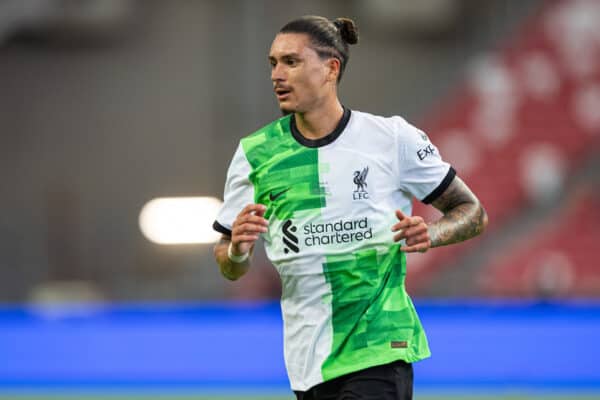 SINGAPORE - Sunday, July 30, 2023: Liverpool's Darwin Núñez during a pre-season friendly match between Liverpool FC and Leicester City FC at the Singapore National Stadium. (Pic by David Rawcliffe/Propaganda)