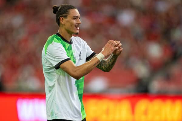 SINGAPORE - Sunday, July 30, 2023: Liverpool's Darwin Núñez celebrates after scoring the opening goal during a pre-season friendly match between Liverpool FC and Leicester City FC at the Singapore National Stadium. (Pic by David Rawcliffe/Propaganda)