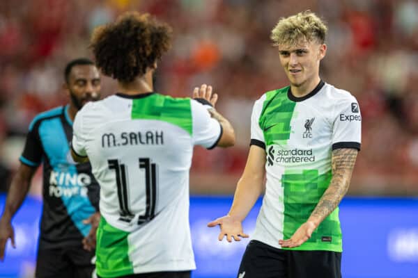 SINGAPORE - Sunday, July 30, 2023: Liverpool's Bobby Clark celebrates after scoring the second goal during a pre-season friendly match between Liverpool FC and Leicester City FC at the Singapore National Stadium. (Pic by David Rawcliffe/Propaganda)