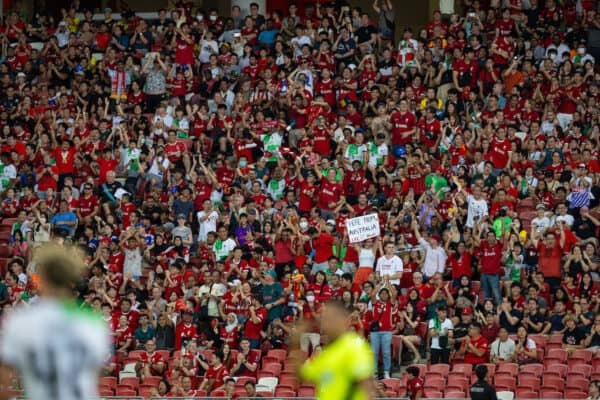 SINGAPORE - Sunday, July 30, 2023: Liverpool supporter celebrate a goal during a pre-season friendly match between Liverpool FC and Leicester City FC at the Singapore National Stadium. (Pic by David Rawcliffe/Propaganda)