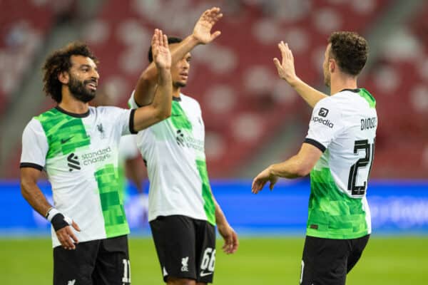 SINGAPORE - Sunday, July 30, 2023: Liverpool's Diogo Jota (R) celebrates after scoring the third goal during a pre-season friendly match between Liverpool FC and Leicester City FC at the Singapore National Stadium. (Pic by David Rawcliffe/Propaganda)