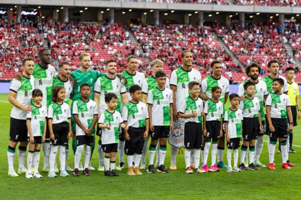 SINGAPORE - Sunday, July 30, 2023: Liverpool players and mascots before a pre-season friendly match between Liverpool FC and Leicester City FC at the Singapore National Stadium. (Pic by David Rawcliffe/Propaganda)