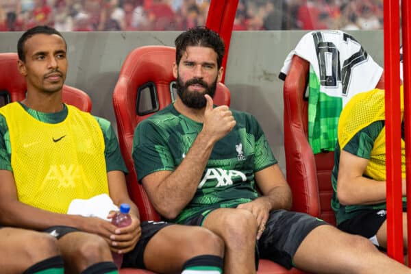 SINGAPORE - Sunday, July 30, 2023: Liverpool's goalkeeper Alisson Becker on the bench during a pre-season friendly match between Liverpool FC and Leicester City FC at the Singapore National Stadium. (Pic by David Rawcliffe/Propaganda)