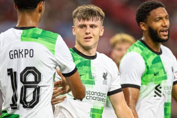SINGAPORE - Sunday, July 30, 2023: Liverpool's Ben Doak celebrates after scoring the fourth goal during a pre-season friendly match between Liverpool FC and Leicester City FC at the Singapore National Stadium. (Pic by David Rawcliffe/Propaganda)