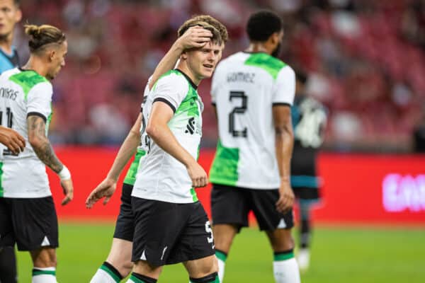 SINGAPORE - Sunday, July 30, 2023: Liverpool's Ben Doak celebrates after scoring the fourth goal during a pre-season friendly match between Liverpool FC and Leicester City FC at the Singapore National Stadium. (Pic by David Rawcliffe/Propaganda)