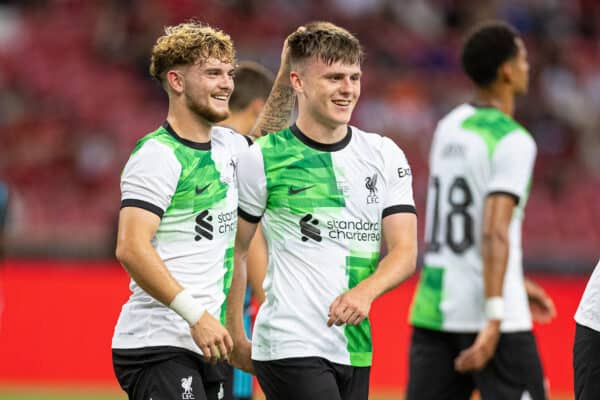 SINGAPORE - Sunday, July 30, 2023: Liverpool's Ben Doak (R) celebrates after scoring the fourth goal during a pre-season friendly match between Liverpool FC and Leicester City FC at the Singapore National Stadium. (Pic by David Rawcliffe/Propaganda)