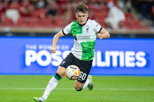 SINGAPORE - Sunday, July 30, 2023: Liverpool's Ben Doak during a pre-season friendly match between Liverpool FC and Leicester City FC at the Singapore National Stadium. (Pic by David Rawcliffe/Propaganda)